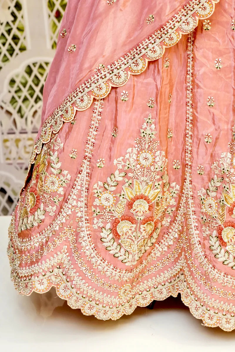 PURE CREPE SILK PEACH COLOR PARTY WEAR LEHENGA