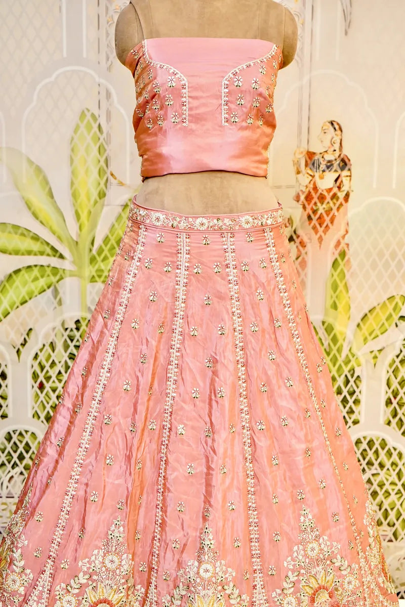 PURE CREPE SILK PEACH COLOR PARTY WEAR LEHENGA
