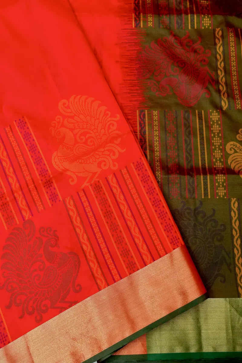 BEST BANARASI SATIN RED WITH RAMA GREEN COLOR SILK SAREE
