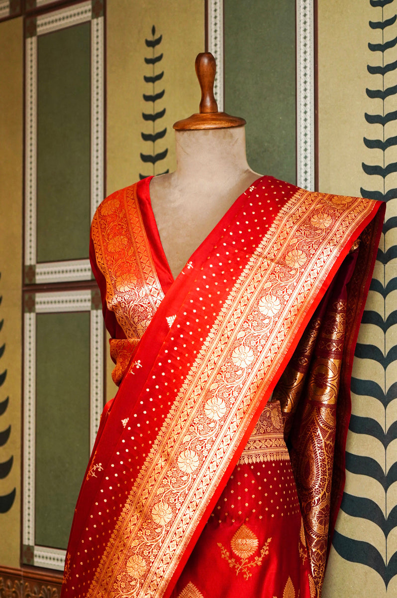 Red Silk Saree with Golden Jari