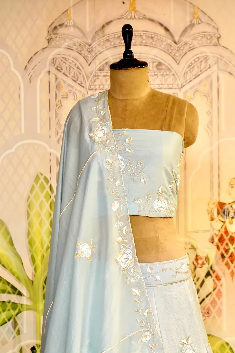 PURE TISSUE ORGANZA SKY BLUE  COLOR PARTY WEAR LEHENGA