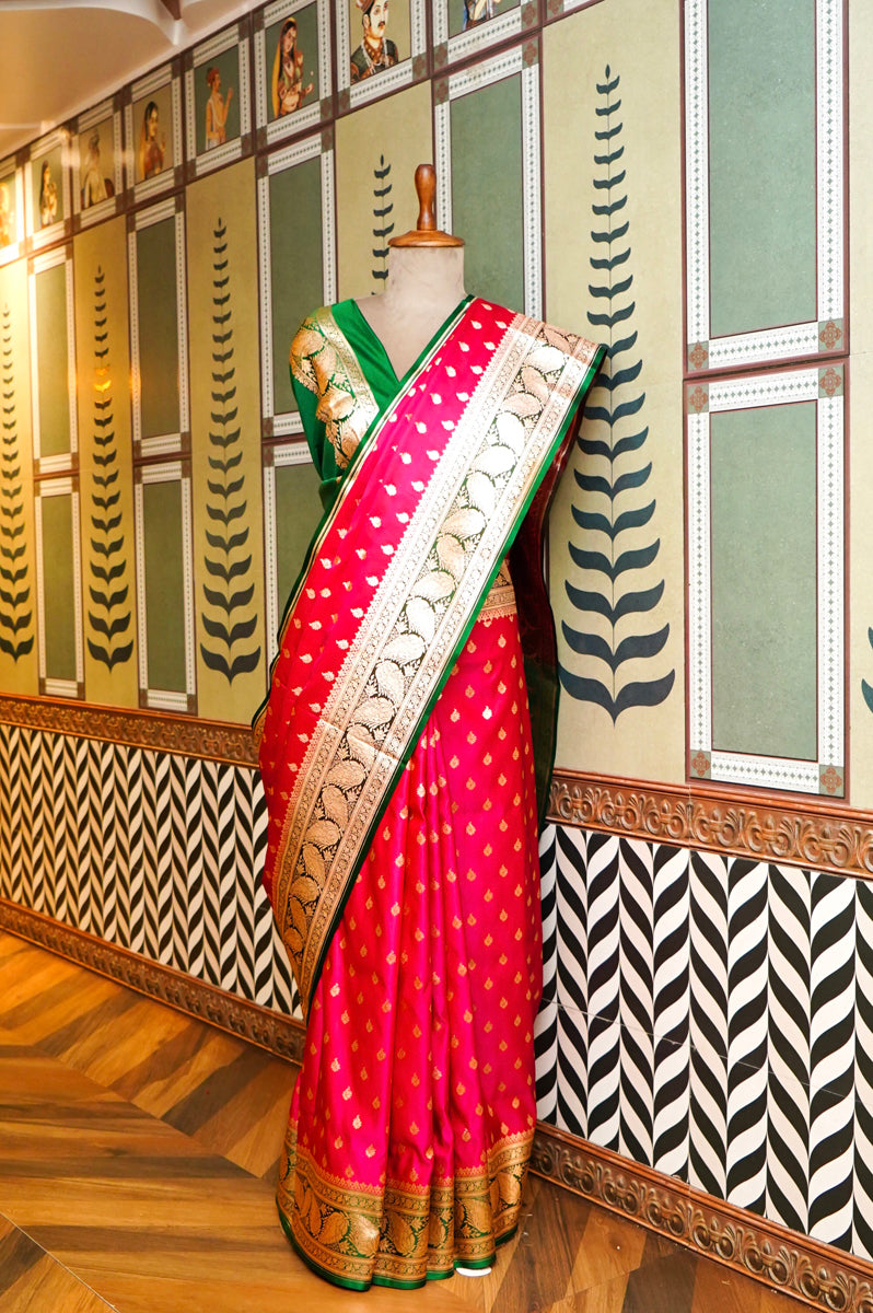 Red & Green Silk Saree with Golden Jari