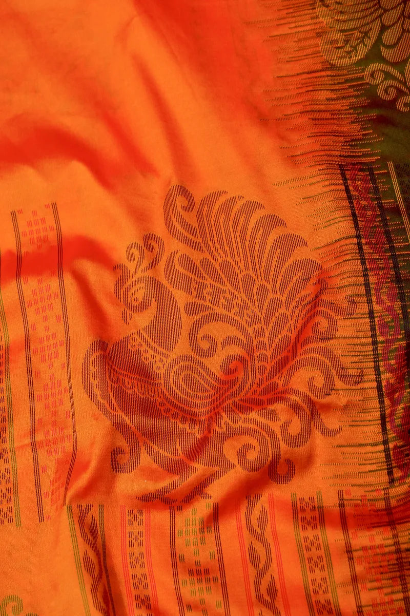 BANARASI SATIN ORANGE WITH RAMA GREEN COLOR SILK SAREE