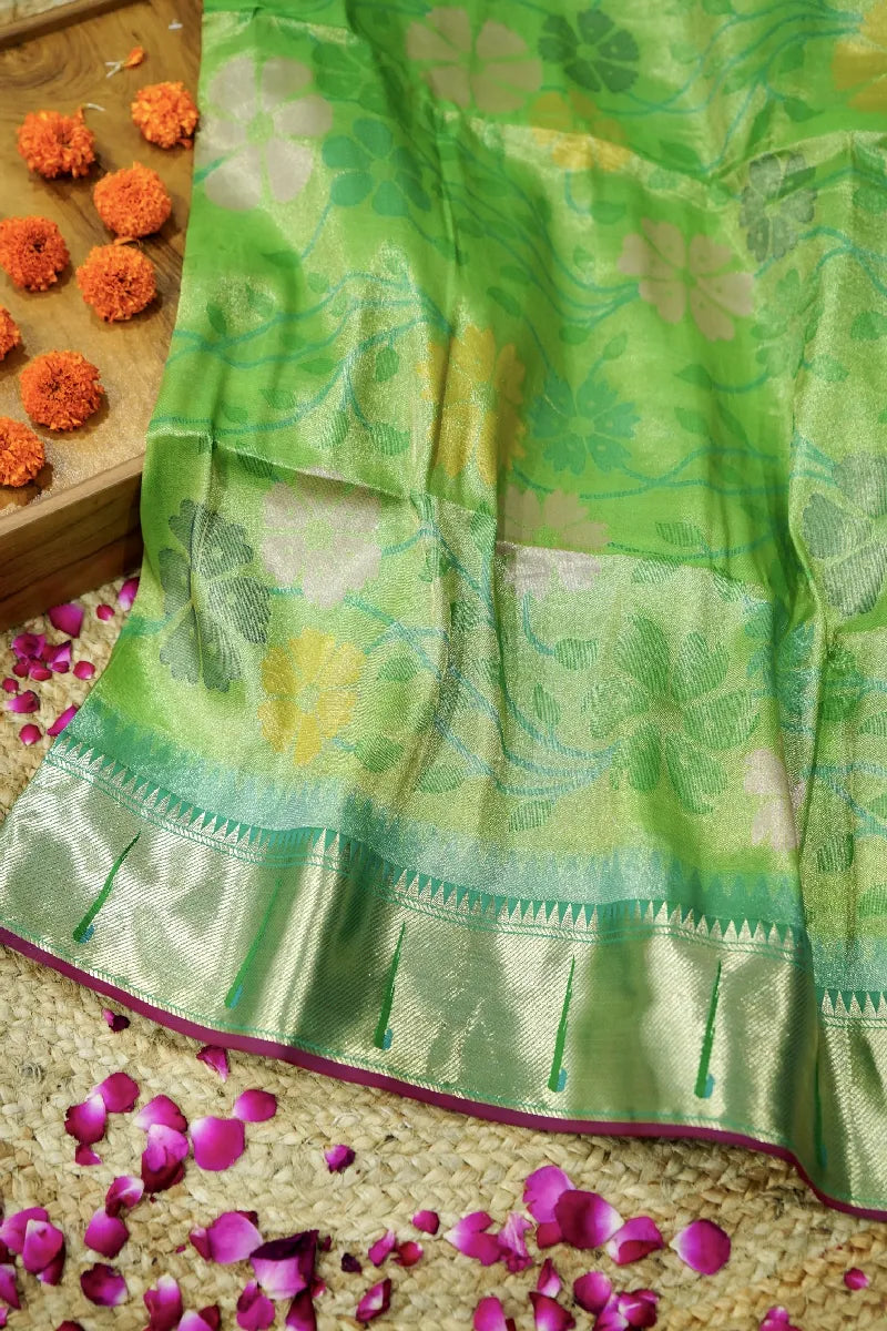 PARROT GREEN COLOR BANARASI SILK SAREE