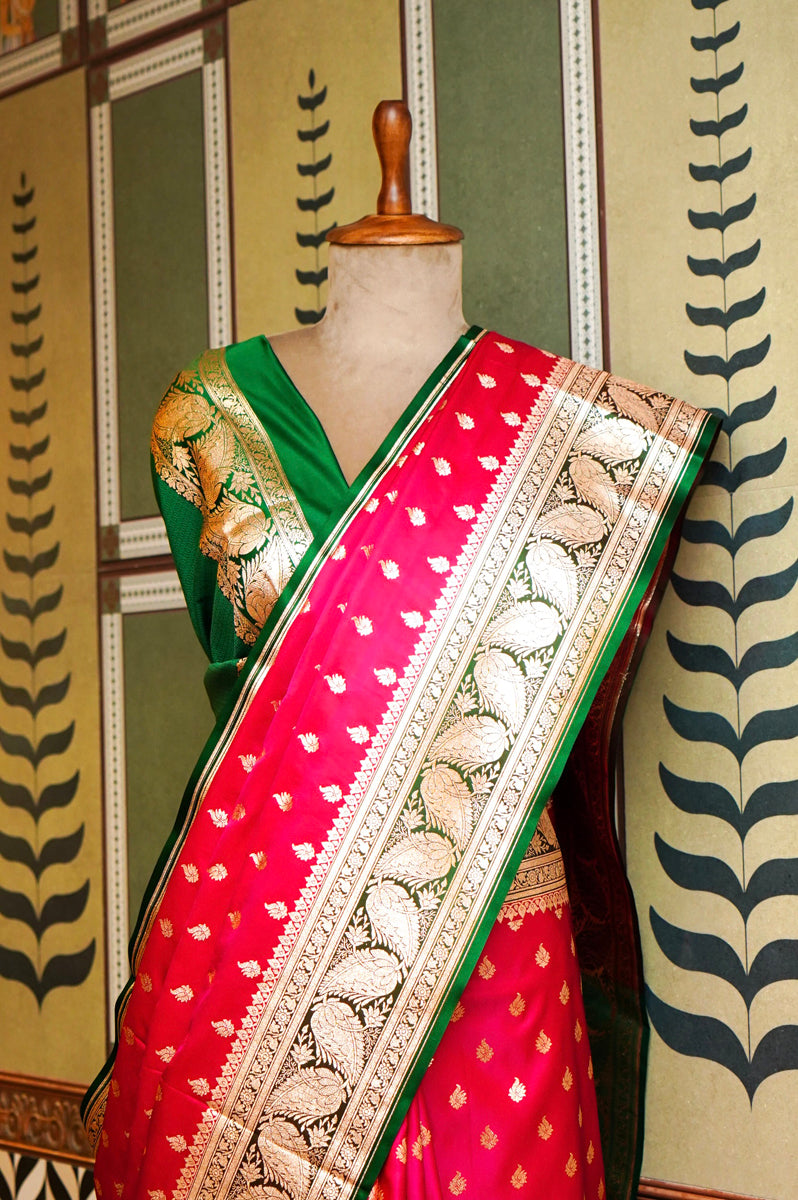 Red & Green Silk Saree with Golden Jari