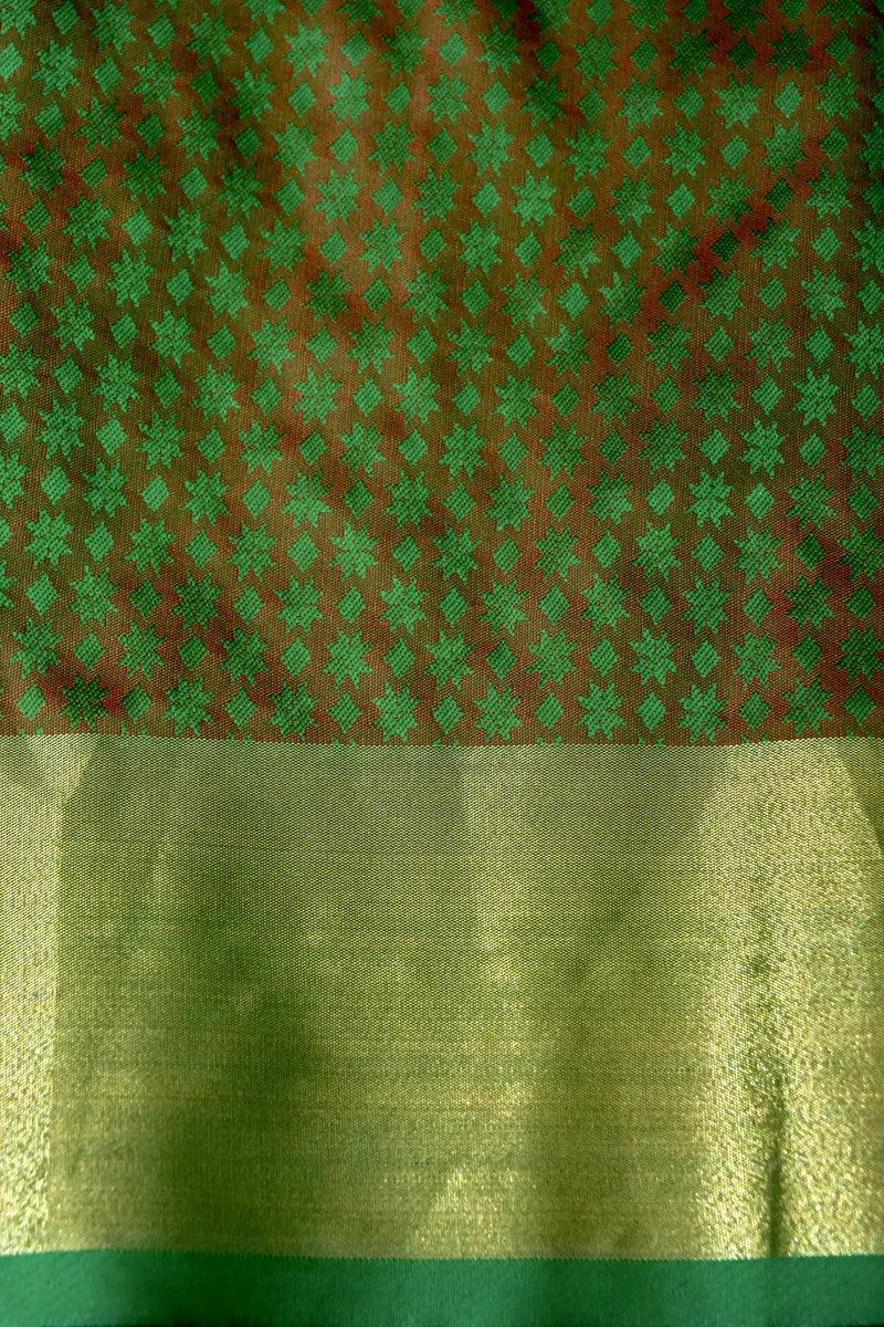 BANARASI SATIN ORANGE WITH RAMA GREEN COLOR SILK SAREE