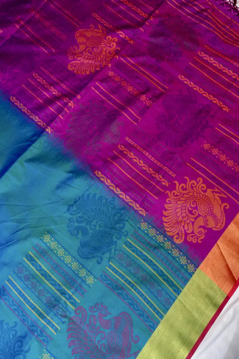 BANARASI SATIN PEACOCK BLUE WITH PURPLE COLOR SILK SAREE