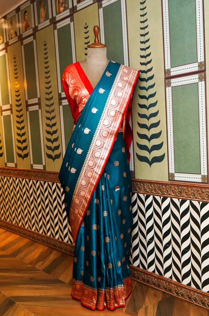 Peacock Blue & Red Silk Saree