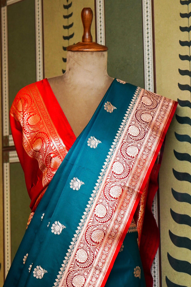Peacock Blue & Red Silk Saree