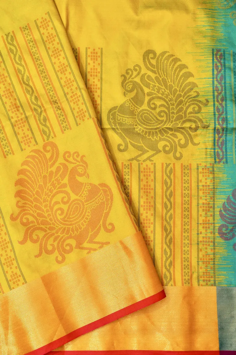 BANARASI SATIN LEMON YELLOW WITH RAMA GREEN COLOR SILK SAREE