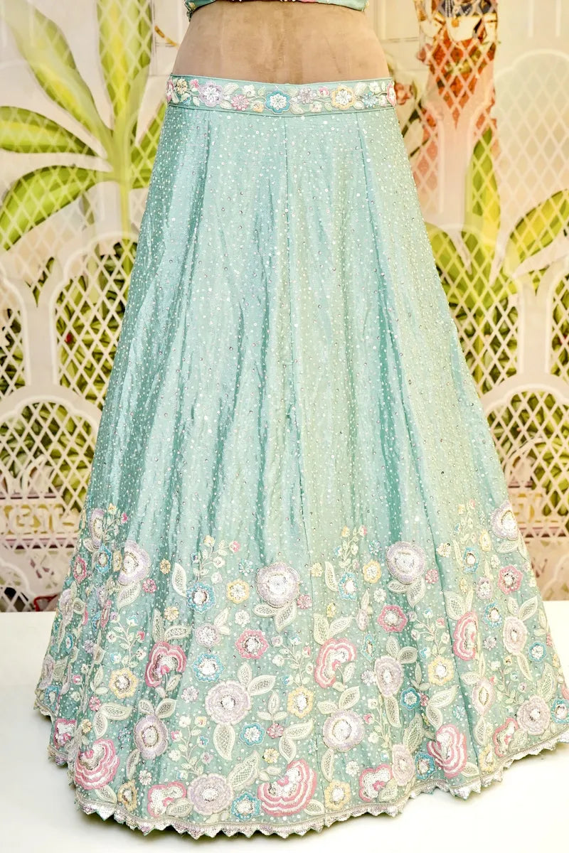 PURE CREPE SILK SEA GREEN COLOR PARTY WEAR LEHENGA