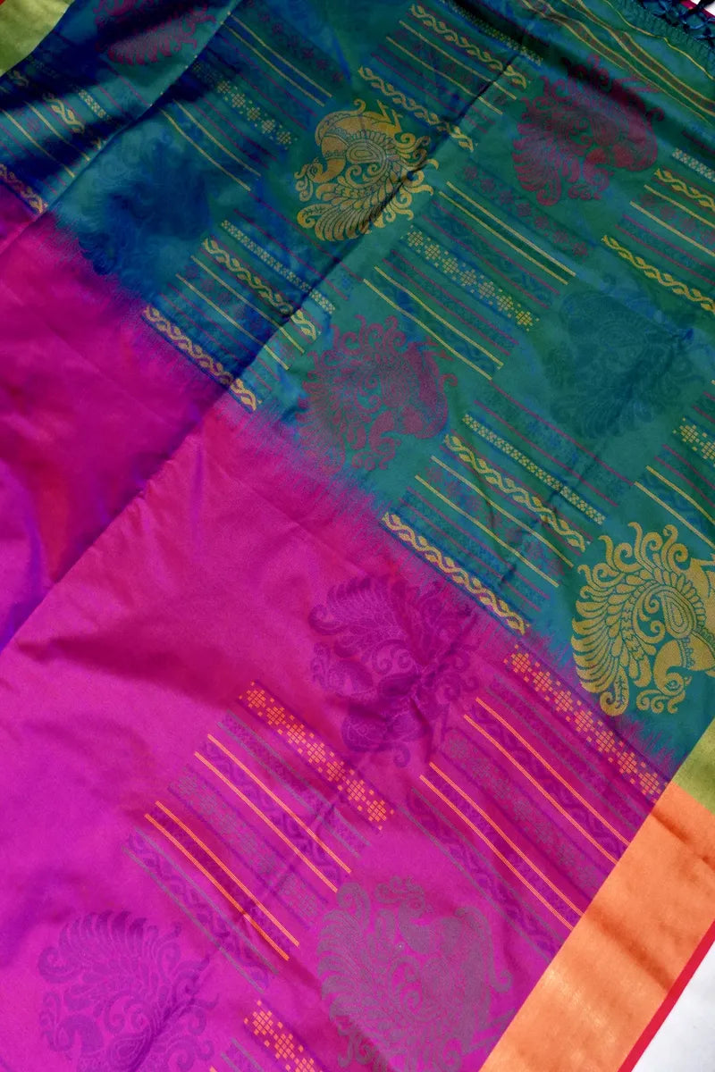 BANARASI SATIN PURPLE WITH RAMA GREEN COLOR SILK SAREE