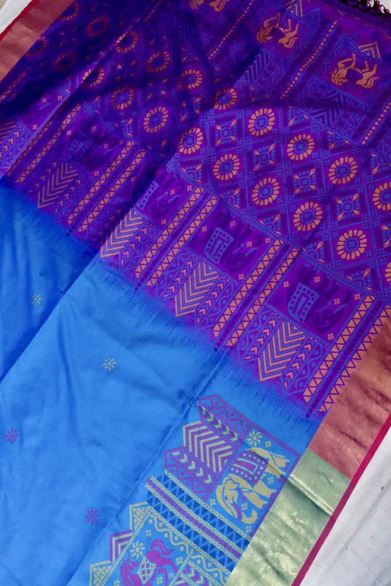 BANARASI SATIN PEACOCK BLUE WITH PURPLE COLOR SILK SAREE
