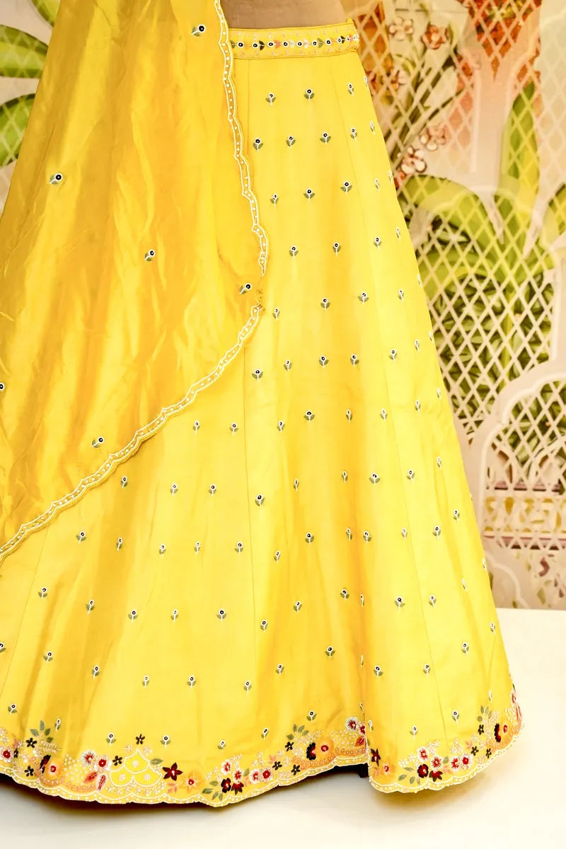 PURE RAW SILK LEMON YELLOW COLOR PARTY WEAR LEHENGA