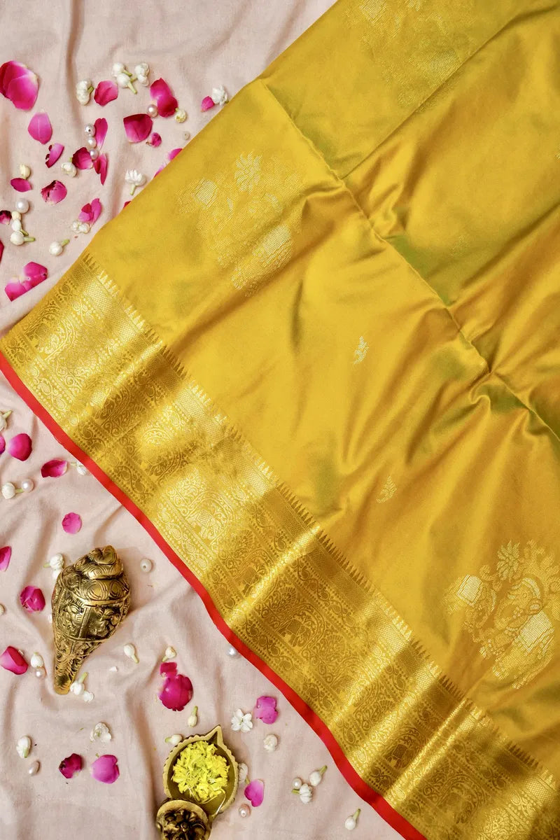 BANARASI SATIN LEMON WITH RAMA GREEN COLOR SILK SAREE