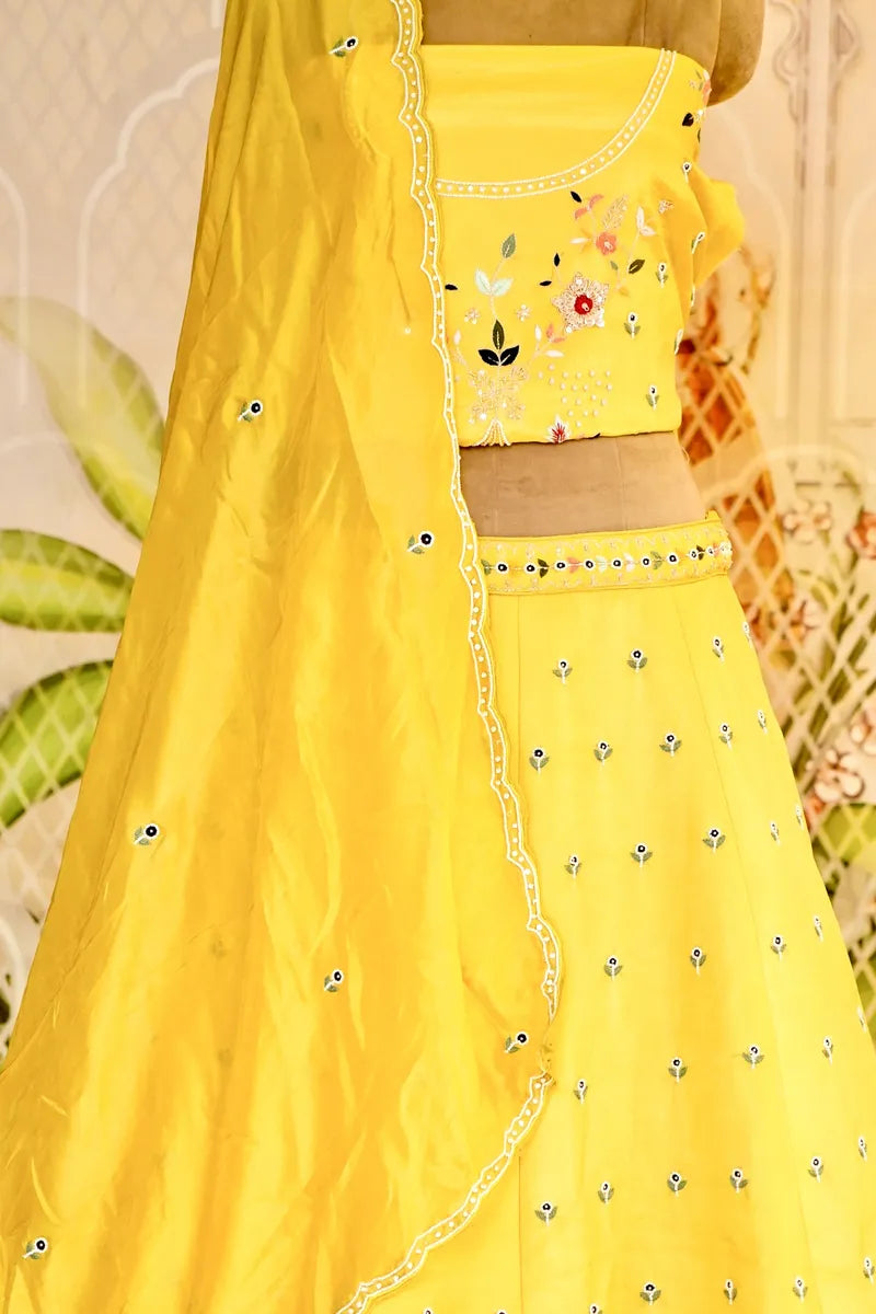 PURE RAW SILK LEMON YELLOW COLOR PARTY WEAR LEHENGA