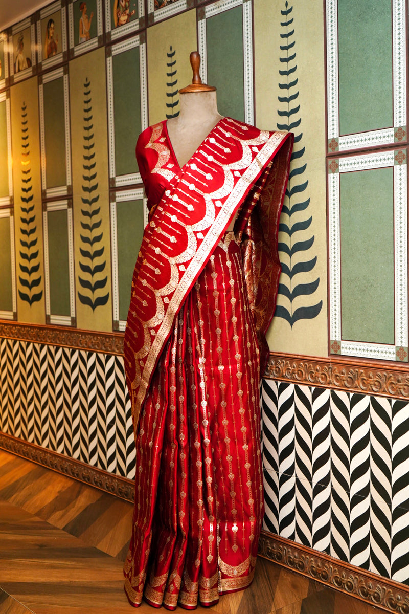 Red Silk Saree with Silver+Golden Zari