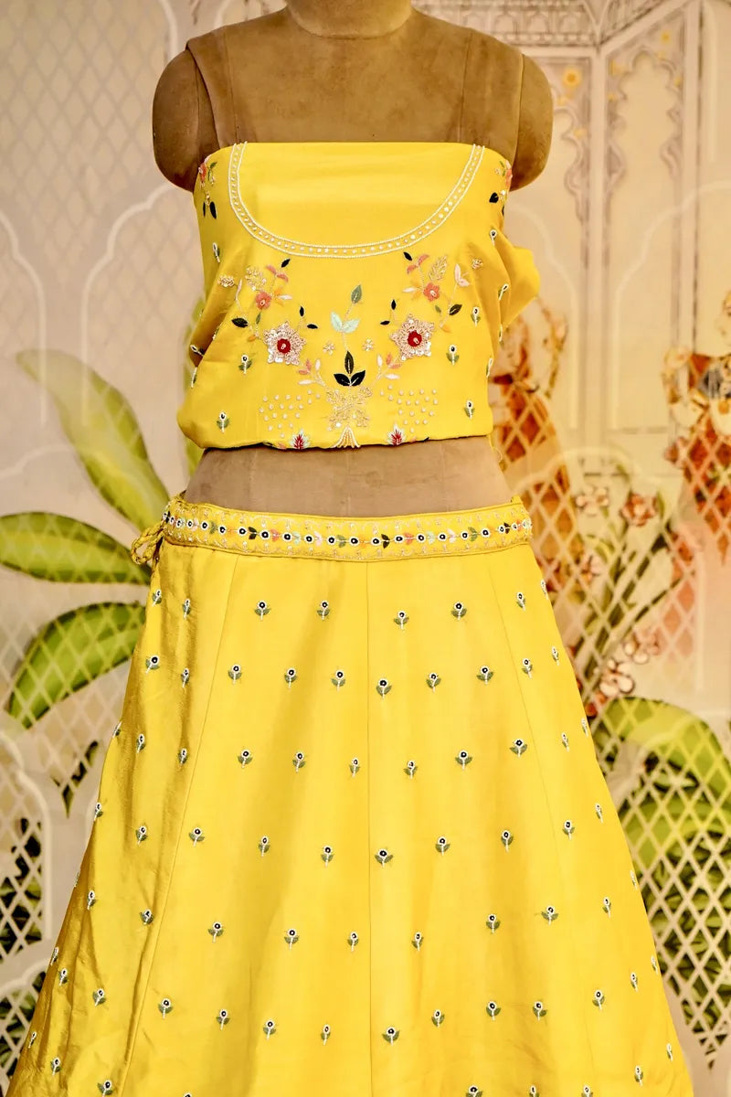 PURE RAW SILK LEMON YELLOW COLOR PARTY WEAR LEHENGA