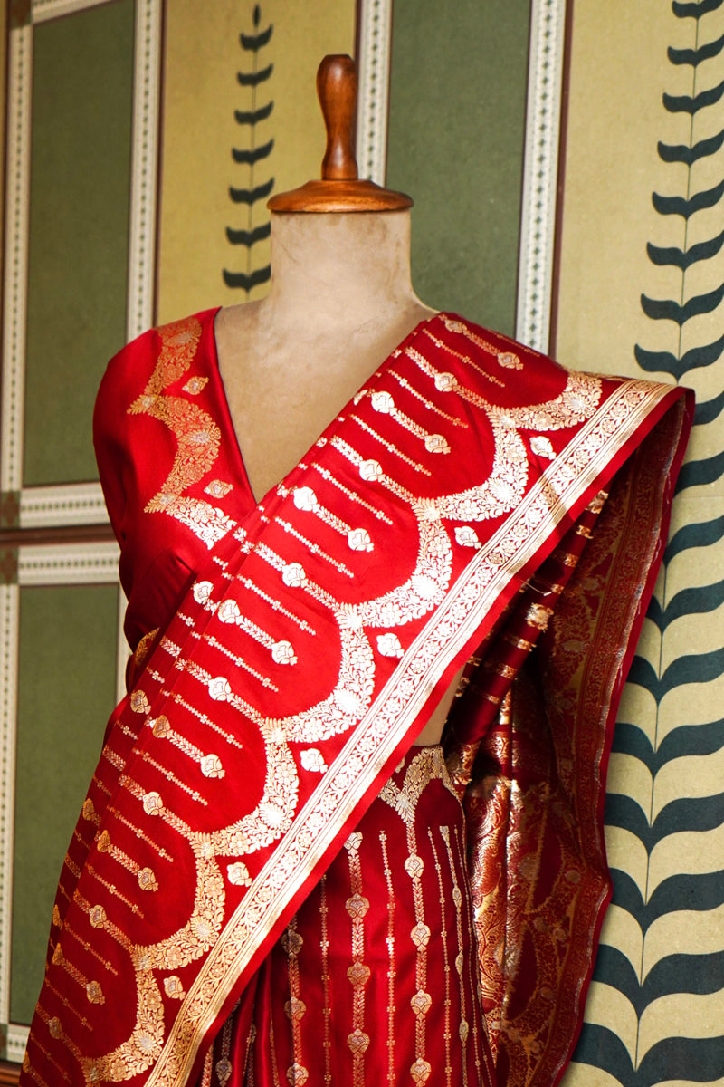 Red Silk Saree with Silver+Golden Zari