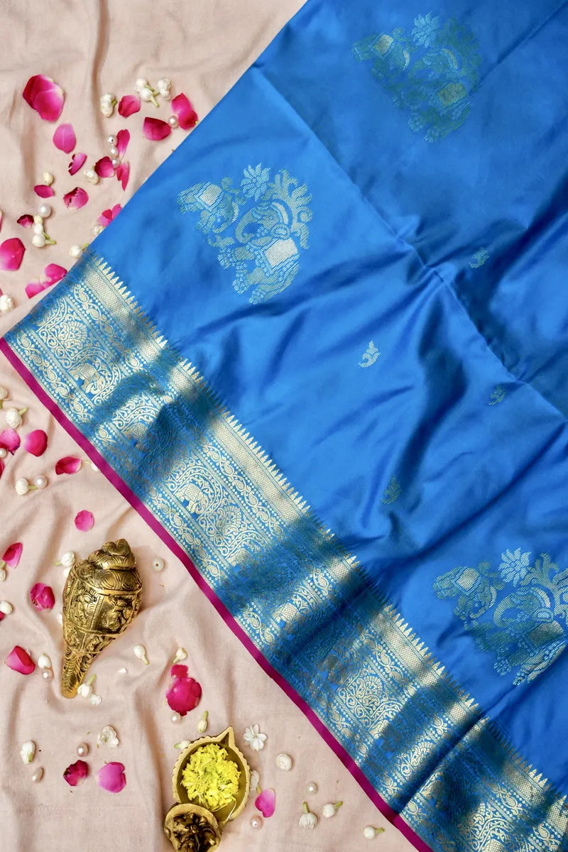 BANARASI SATIN FIROZI WITH PURPLE COLOR SILK SAREE
