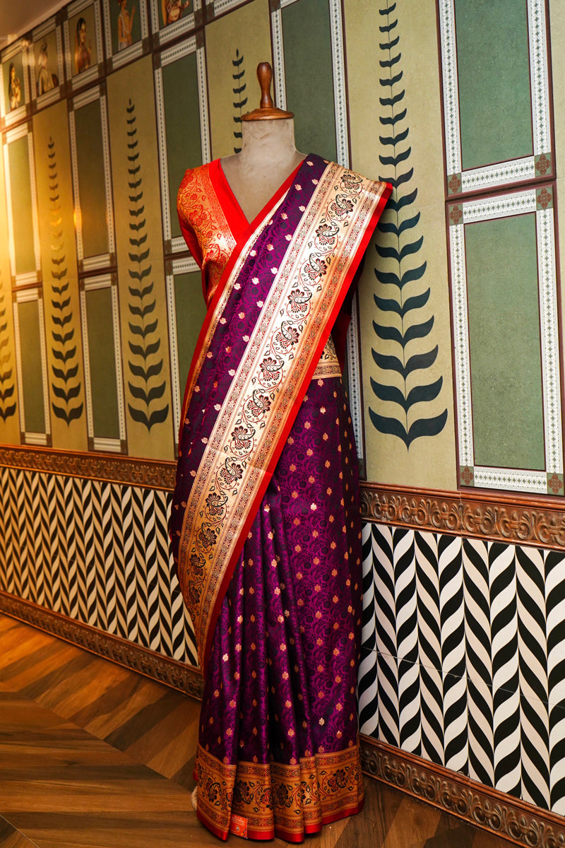 MAGENTA SILK JAMEVAAR WITH GOLDEN JARI WORK