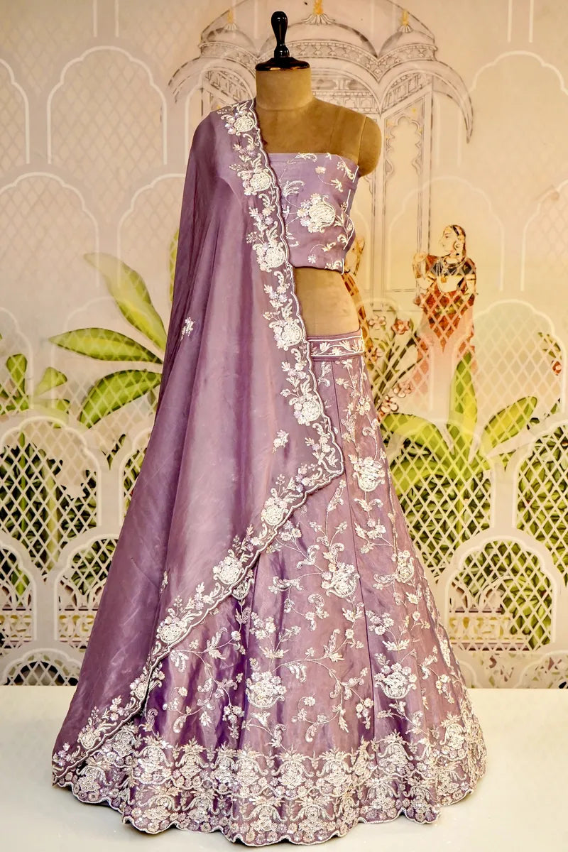PURE GLASS TISSUE LAVENDER COLOR PARTY WEAR LEHENGA