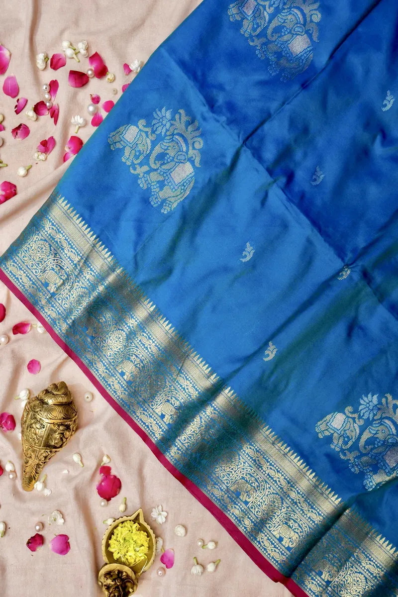 BANARASI SATIN RAMA FIROZI WITH PURPLE COLOR SILK SAREE