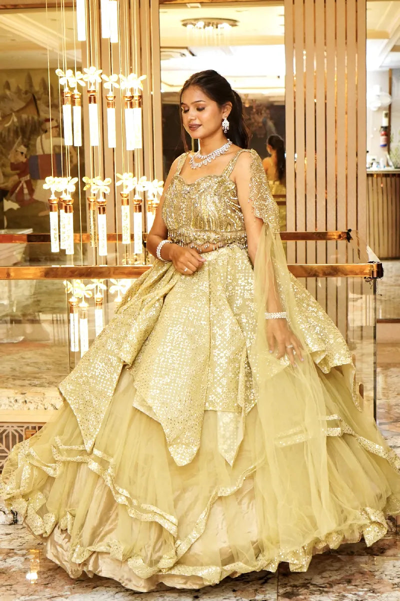 PISTA GREEN COLOR TWO PIECES BRIDAL CROP TOP DESIGN INDO-WESTERN LEHENGA