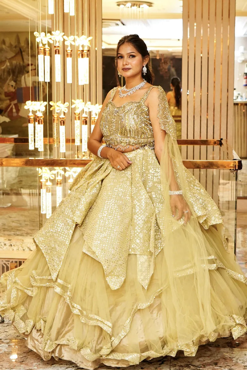 PISTA GREEN COLOR TWO PIECES BRIDAL CROP TOP DESIGN INDO-WESTERN LEHENGA