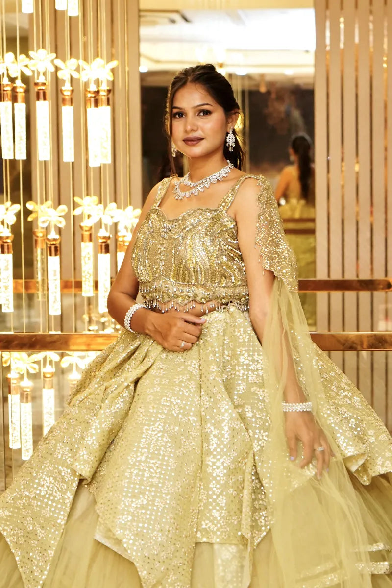 PISTA GREEN COLOR TWO PIECES BRIDAL CROP TOP DESIGN INDO-WESTERN LEHENGA