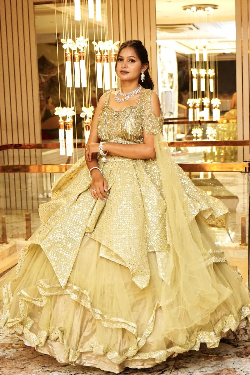 PISTA GREEN COLOR TWO PIECES BRIDAL CROP TOP DESIGN INDO-WESTERN LEHENGA