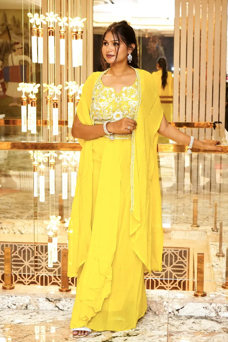 LEMON YELLOW COLOR DESIGNER THREE PIECES INDO-WESTERN LEHENGA