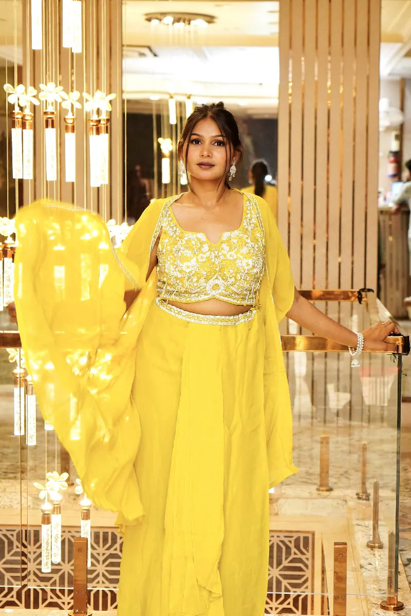 LEMON YELLOW COLOR DESIGNER THREE PIECES INDO-WESTERN LEHENGA