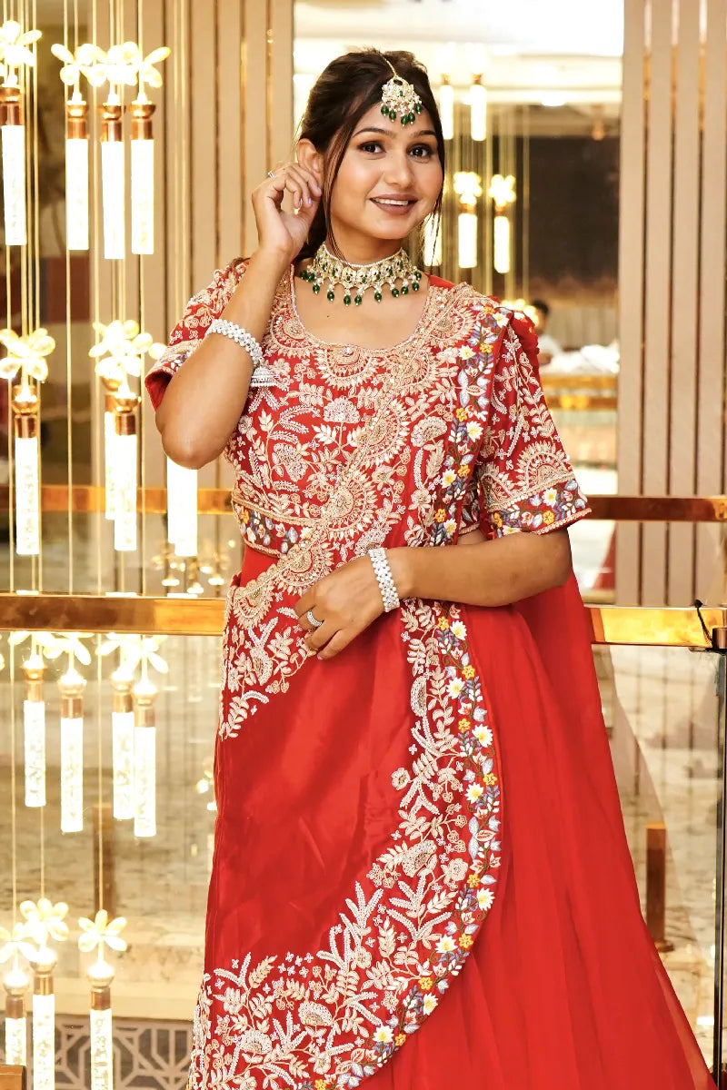 RED COLOR CROP TOP DESIGNER THREE PIECES DESIGN INDO-WESTERN LEHENGA