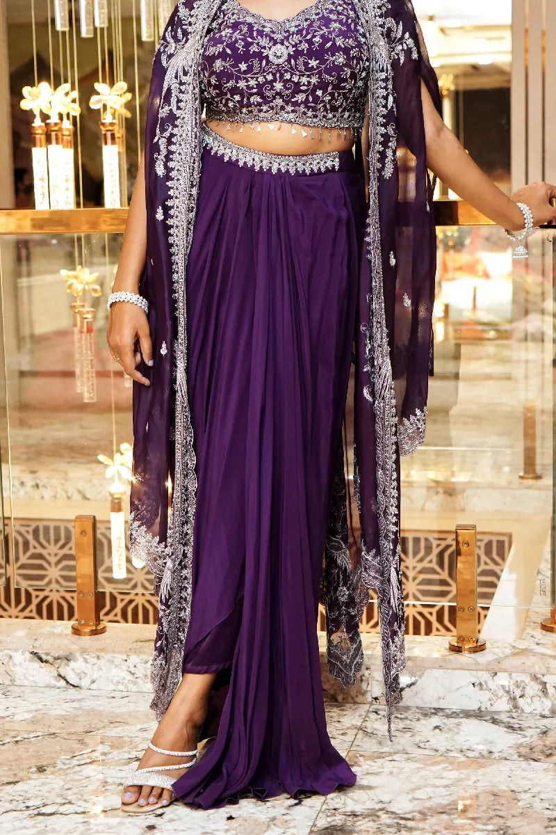 PURPLE COLOR THREE PIECE DESIGN INDO-WESTERN LEHENGA