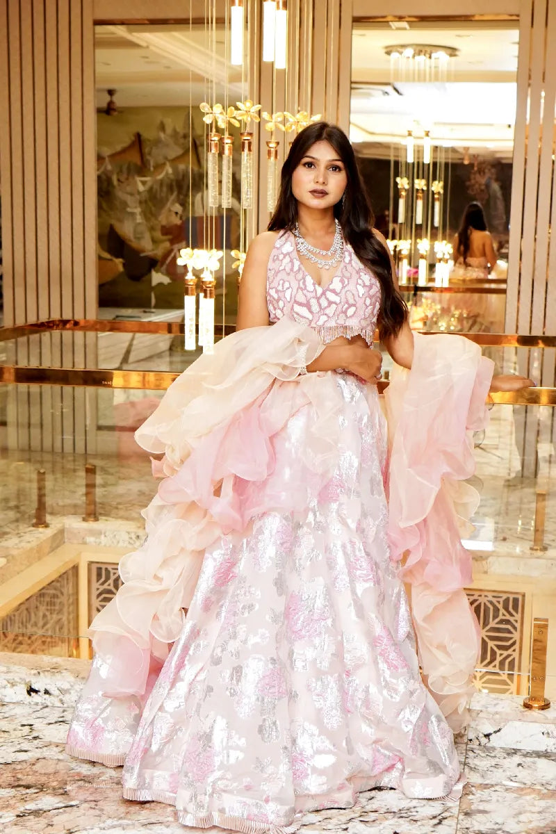 BABY PINK COLOR THREE PIECE DESIGN INDO-WESTERN LEHENGA