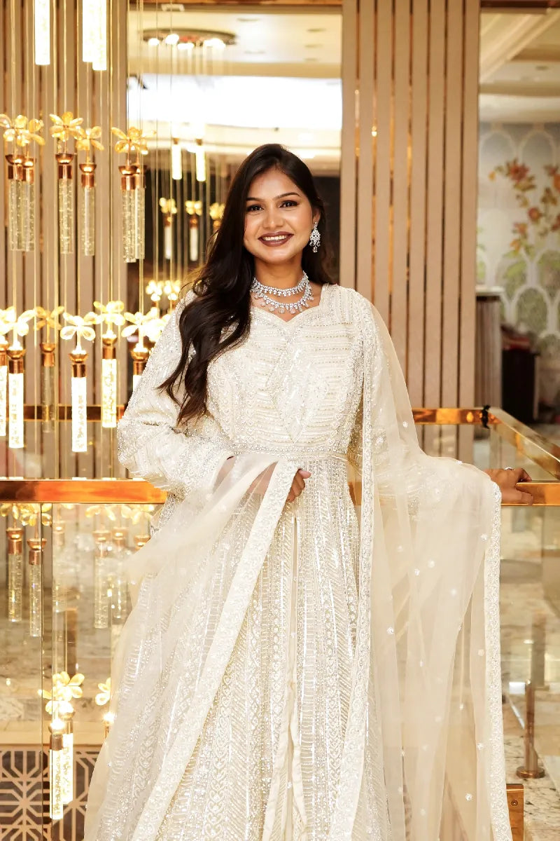 OFF WHITE COLOR THREE PIECE MASTANI DESIGN INDO-WESTERN LEHENGA
