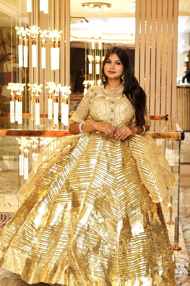 GOLDEN COLOR CROP TOP THREE PIECES BRIDAL DESIGN INDO-WESTERN LEHENGA