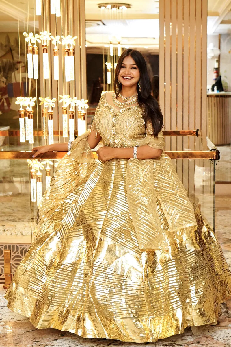 GOLDEN COLOR CROP TOP THREE PIECES BRIDAL DESIGN INDO-WESTERN LEHENGA