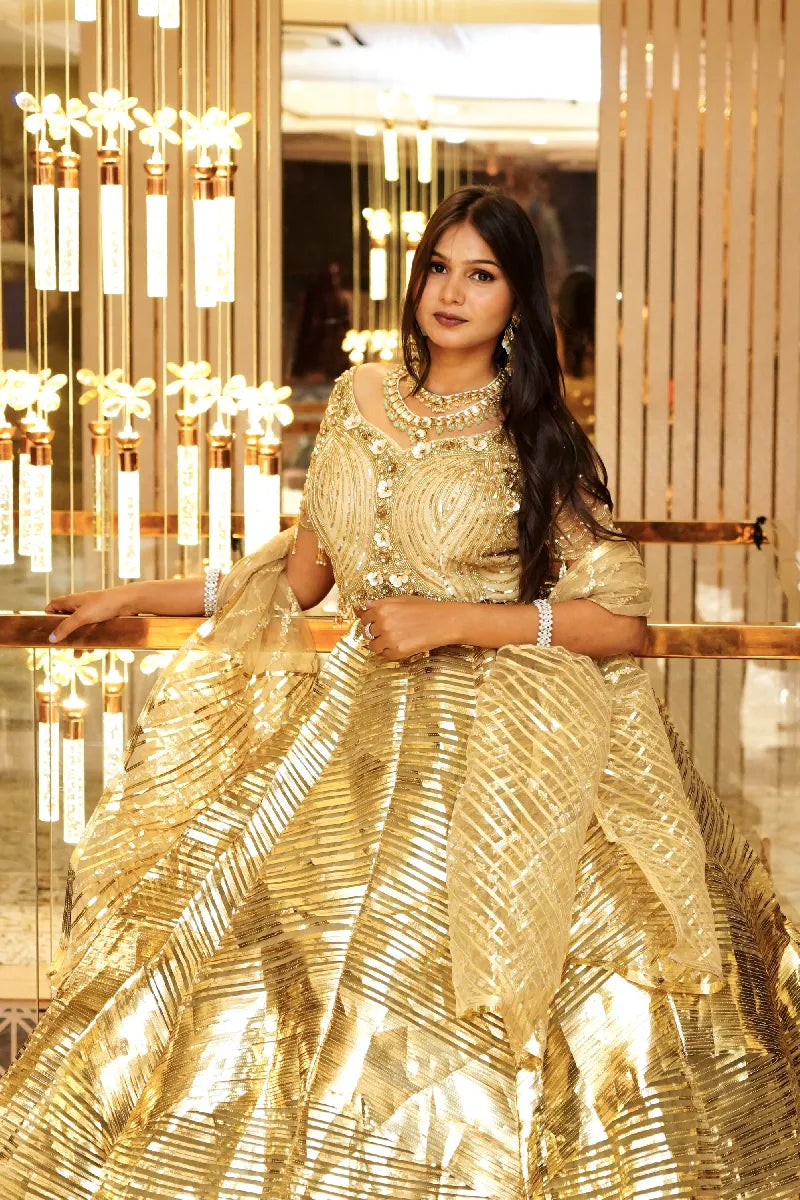 GOLDEN COLOR CROP TOP THREE PIECES BRIDAL DESIGN INDO-WESTERN LEHENGA