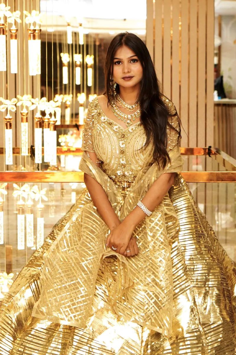 GOLDEN COLOR CROP TOP THREE PIECES BRIDAL DESIGN INDO-WESTERN LEHENGA
