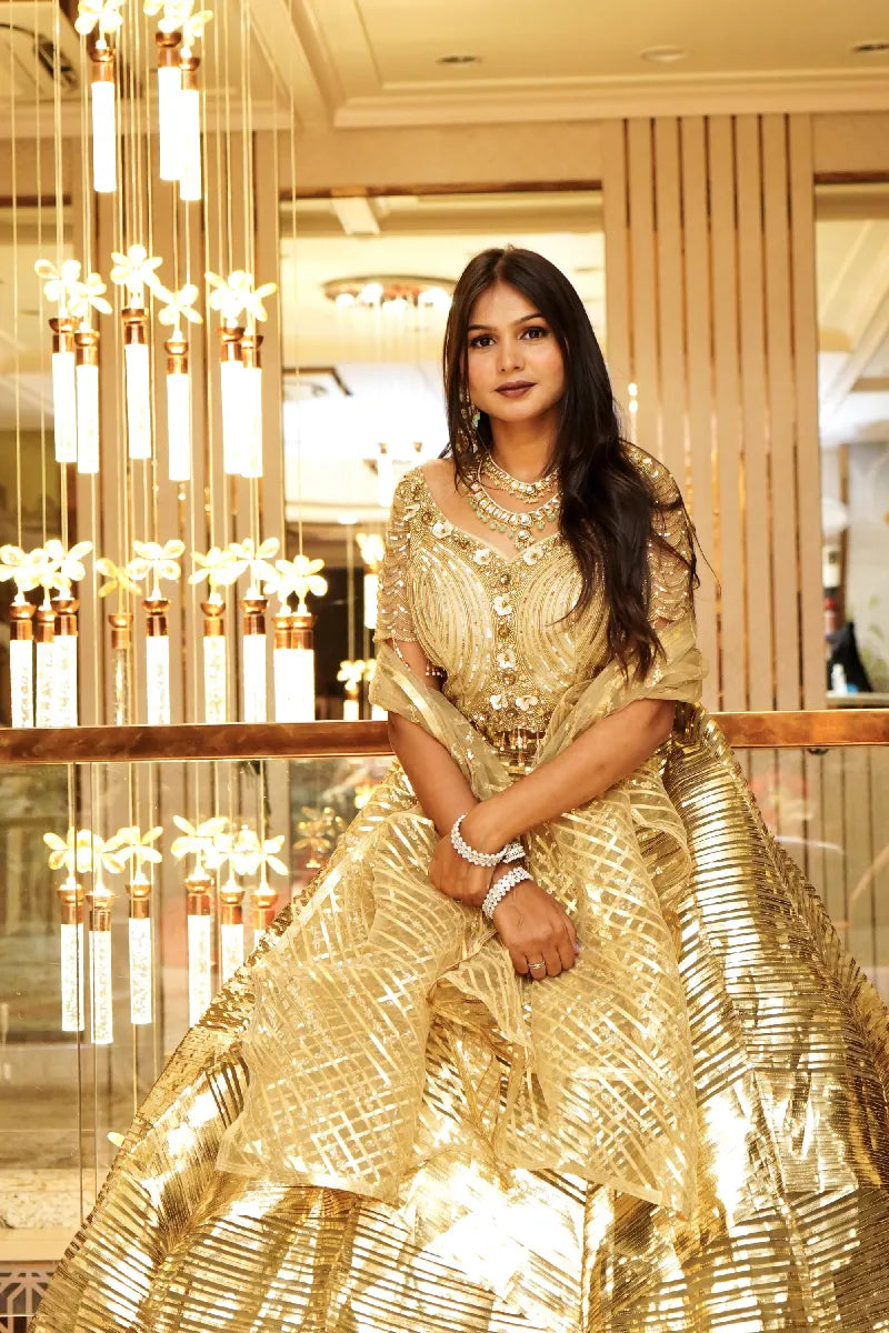 GOLDEN COLOR CROP TOP THREE PIECES BRIDAL DESIGN INDO-WESTERN LEHENGA
