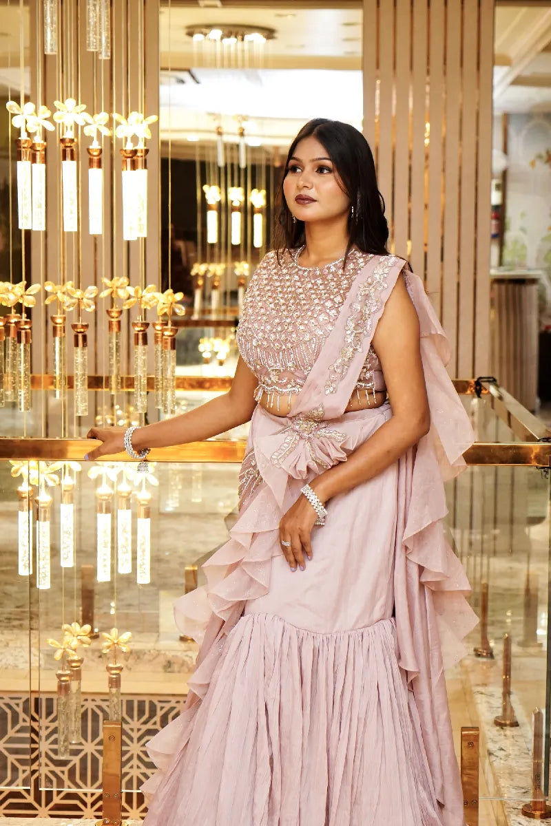 PESTAL PINK COLOUR MERMAID DESIGN INDO-WESTERN DREP STYLE LEHENGA