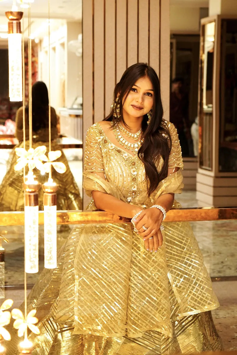 GOLDEN COLOR CROP TOP THREE PIECES BRIDAL DESIGN INDO-WESTERN LEHENGA