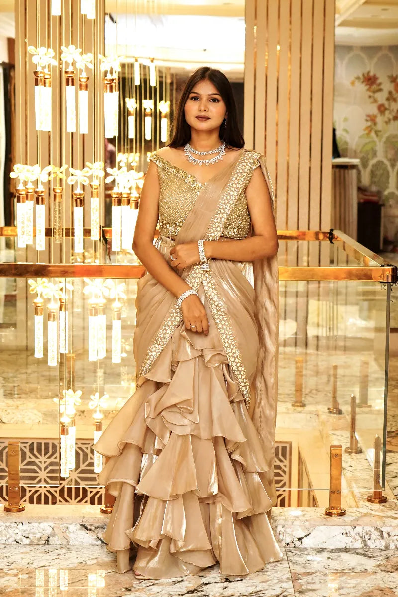BEIGE GOLD COLOR TWO PIECES SAREE DESIGN INDO-WESTERN SAREE