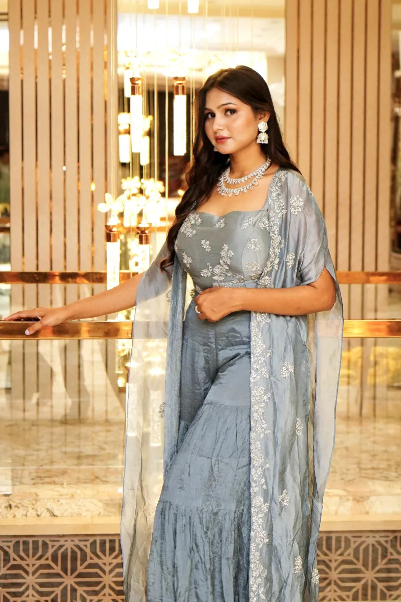 GREY COLOR THREE PIECES CROP TOP DESIGN INDO-WESTERN