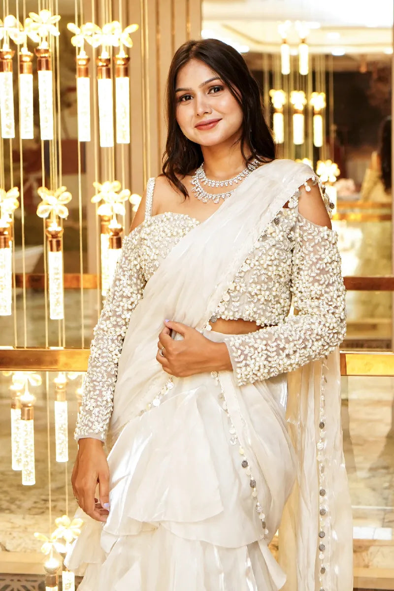 OFF WHITE COLOR TWO PIECES CROP TOP DESIGN INDO-WESTERN SAREE