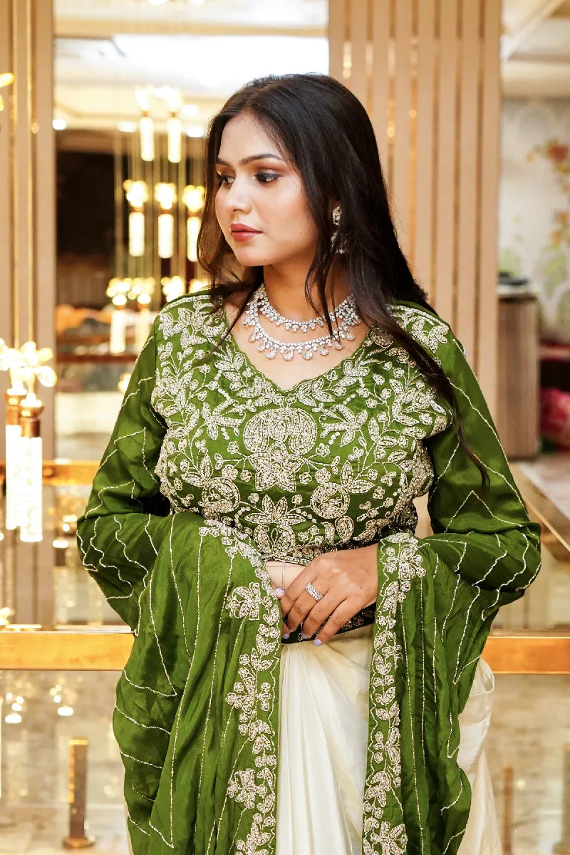 GREEN COLOR TWO PIECES CROP TOP DESIGN INDO-WESTERN