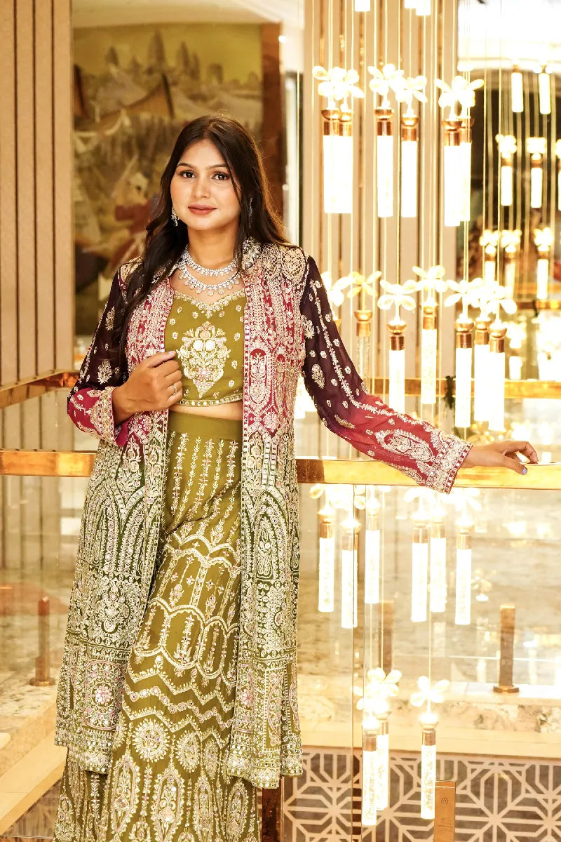 MEHENDI GREEN COLOR THREE PIECES CROP TOP INDO-WESTERN