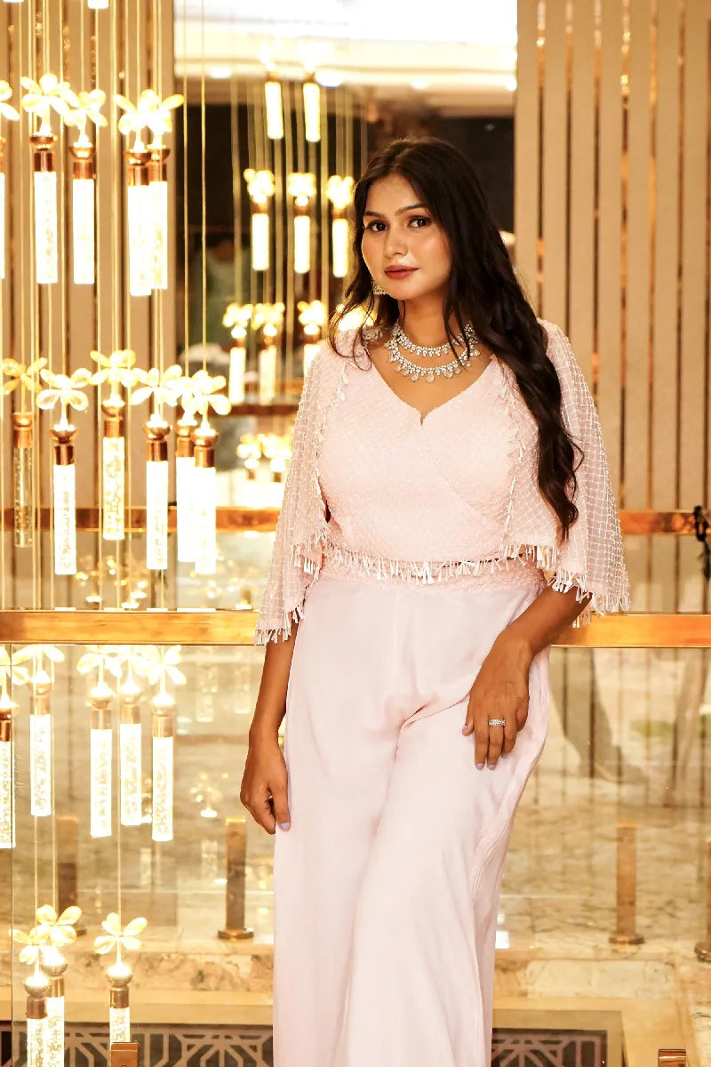 BABY PINK COLOR THREE PIECES CROP TOP DESIGN INDO-WESTERN